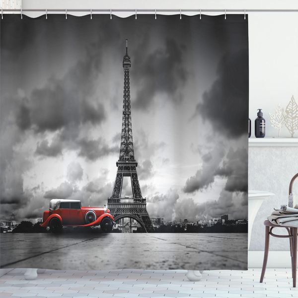 Abakuhaus Tenda Da Doccia Torre Eiffel, Immagine Artistica Della Torre Eiffel Parigi Francia Stampa Vintage Strade, 175 X 180 Cm, Nero Grigio Rosso-image
