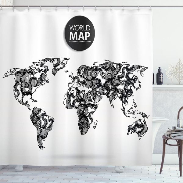Abakuhaus Tenda Da Doccia Fernweh, Elementi Moderni Tentacoli Polipo Animale Monocromatico Motivo Dettagliato, 175 X 180 Cm, Bianco Nero-image