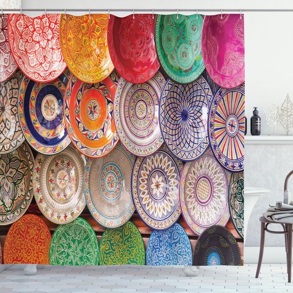 Abakuhaus Tenda Da Doccia Marocchina, Tradizionali Piastrelle Arabe Colorate Sul Mercato Di Marrakech, 175 X 180 Cm, Multicolore-image