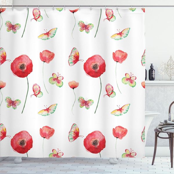 Abakuhaus Tenda Da Doccia Con Motivi Floreali, Motivo Vintage Con Papaveri E Farfalle, Stampa Artistica A Tema Romantico, 175 X 240 Cm, Cocco E Rosso-image