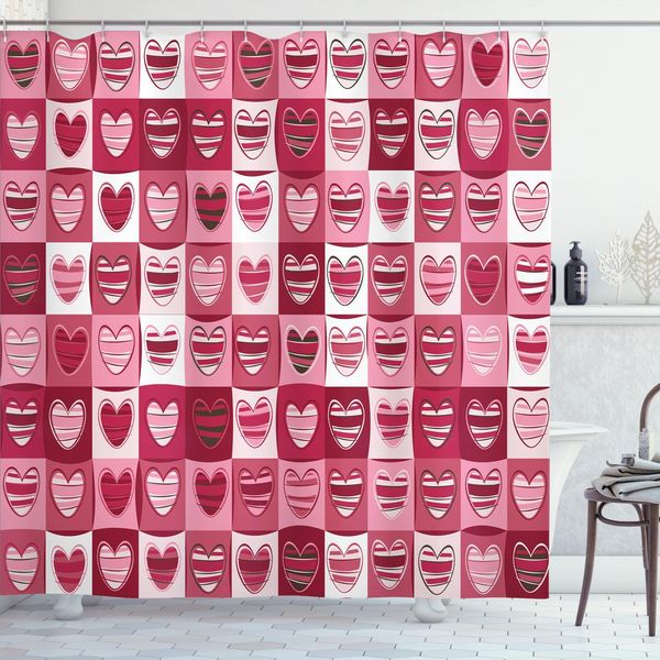 Abakuhaus Amore Tenda Da Doccia, Cuori Per San Valentino Motivo Geometrico Artistico A Quadrati, 175 X 240 Cm, Rosa Secca Bianca-image