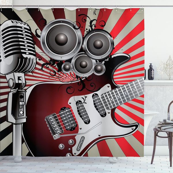Abakuhaus Tenda Da Doccia Musicale, Motivi Retrò Con Altoparlanti, Ritmi Funk E Volute, 175 X 180 Cm, Bordeaux, Beige, Grigio-image