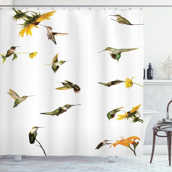 Abakuhaus Tenda Da Doccia Kolibri, Fiori Tropicali E Foglie Naturali, Fogliame Vivace, Foresta Pluviale Esotica, 175 X 200 Cm, Beige, Verde, Giallo-image