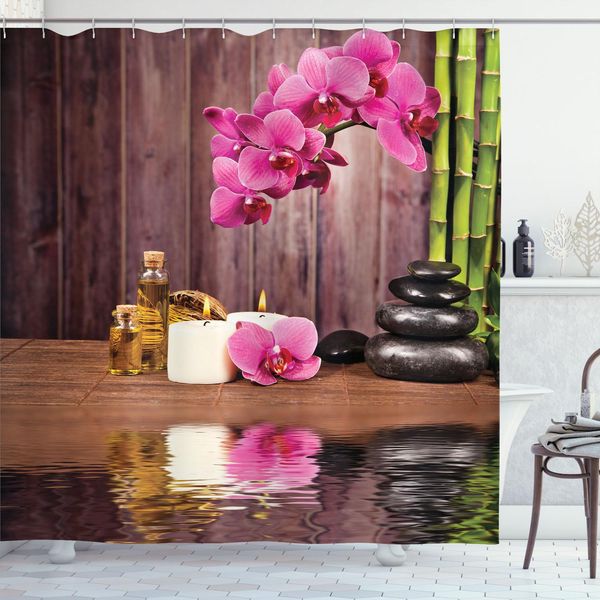 Abakuhaus Tenda Da Doccia Spa, Fiore Spa E Riflesso Dell'acqua Aromaterapia Bambù In Fiore Stampa Candela, 175 X 240 Cm, Marrone Umbra Verde Rosa-image