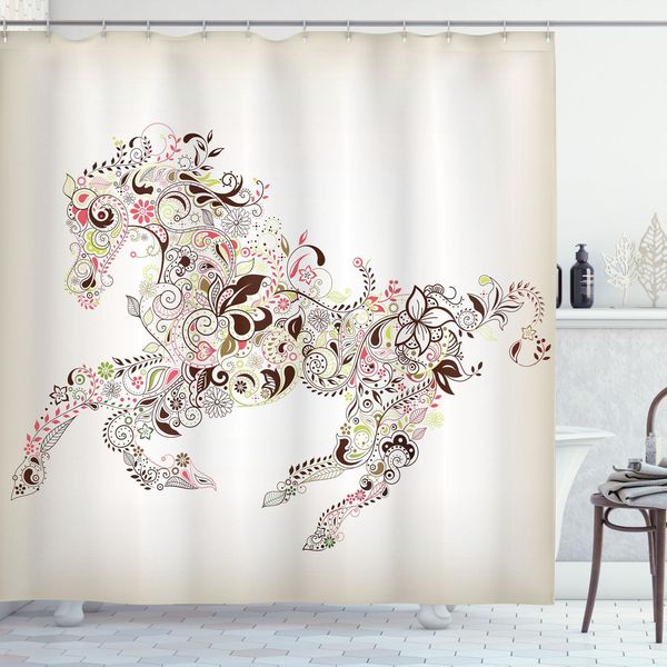 Abakuhaus Tenda Da Doccia Astratta, Fiori Astratti Cavallo Fiori Foglie Motivo Decorativo Paisley Grafica Vortice, 175 X 200 Cm, Verde Marrone Marrone Rosa-image