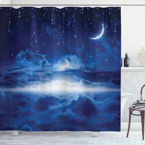 Abakuhaus Tenda Da Doccia Fantasia, Cielo Notturno Con Luna, Stelle Cadenti, Nuvole, Orizzonte, Arte Spaziale Misteriosa, 175 X 180 Cm, Blu Navy E Bianco-image