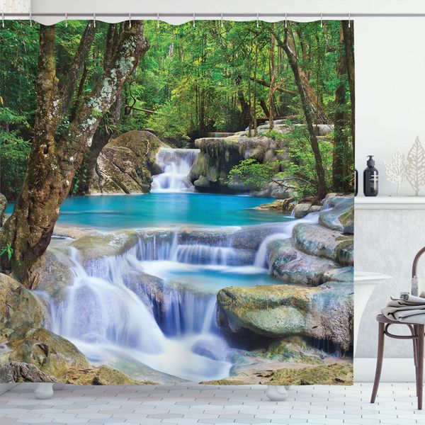 Abakuhaus Tenda Da Doccia Con Cascata, Immagine Fiabesca Di Una Cascata Asiatica Tra Le Rocce Nel Segreto Della Foresta, 175 X 200 Cm, Marrone Verde Blu-image