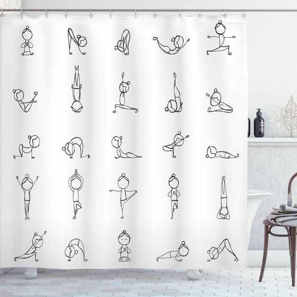 Abakuhaus Tenda Da Doccia Yoga, Movimento Attività Fisica Ragazze Posizioni Meditazione Illustrazione Monocromatica, 175 X 180 Cm, Bianco Nero-image