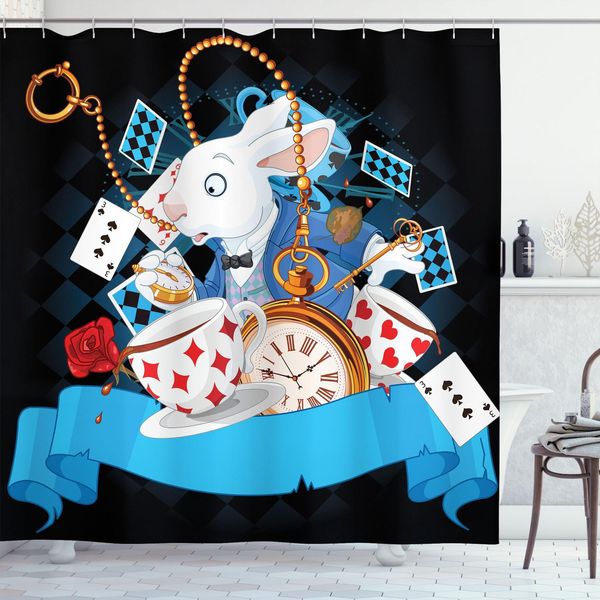 Abakuhaus Alice Nel Paese Delle Meraviglie Tenda Da Doccia, Coniglio Motion Cups Cuori E Fiori Personaggio Alice Stile Cartone Animato, 175 X 220 Cm, Multicolore-image