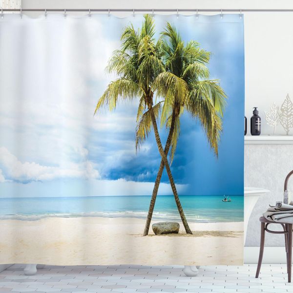Abakuhaus Tenda Da Doccia Hawaiana, Cielo Nuvoloso, Barca, Palma Marina, Sabbia, Spiaggia, Thailandia, Vista Sul Mare, Stampa, 175 X 200 Cm, Verde Blu-image