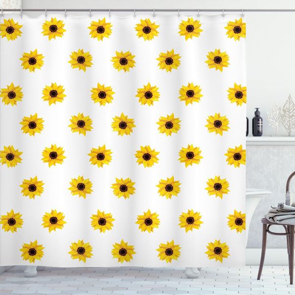 Abakuhaus Tenda Da Doccia Con Motivo Girasole, Motivo Girasole Su Sfondo Bianco Elementi Naturali Arte Semplice Stagionale, 175 X 180 Cm, Giallo-image