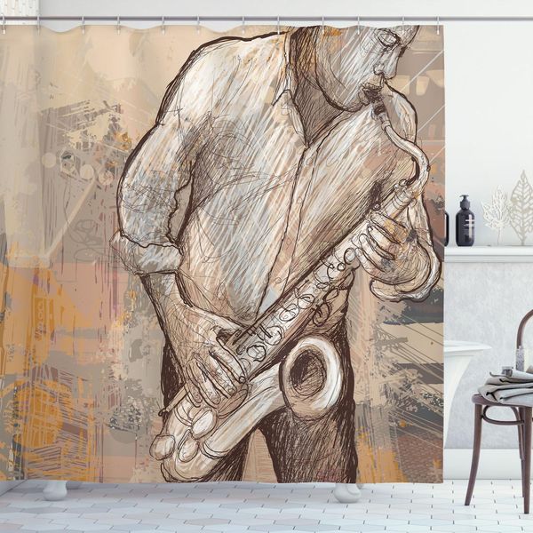 Abakuhaus Tenda Da Doccia Musicale, Musicista Jazz, Assolo Di Sassofono In Strada, Sfondo Grunge, Stampa Artistica, 175 X 180 Cm, Marrone Ecru-image