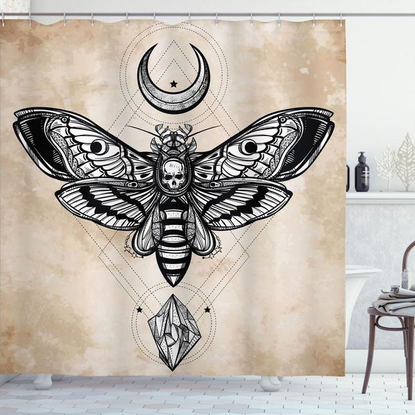 Abakuhaus Tenda Da Doccia Fantasia, Teschio Falco Falena Con Luna E Pietra Teschio Spirituale Magico, 175 X 240 Cm, Bianco Nero E Crema-image