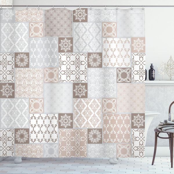 Abakuhaus Tenda Da Doccia Orient, Motivo Orientale, Motivo Patchwork Pastello, Decorazione In Filigrana, Illustrazione, 175 X 220 Cm, Beige Bianco Grigio-image