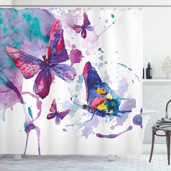 Abakuhaus Tenda Da Doccia Con Farfalle, Stampa Acquerello Con Disegno Di Farfalle, Energia Spirituale, Arte Moderna, 175 X 200 Cm, Multicolore-image