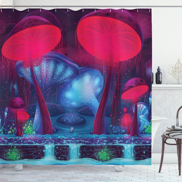 Abakuhaus Tenda Da Doccia Con Funghi, Funghi Magici Con Illustrazioni Autentiche, Bosco Incantato, Motivo Psichedelico, 175 X 180 Cm, Blu Rosso-image