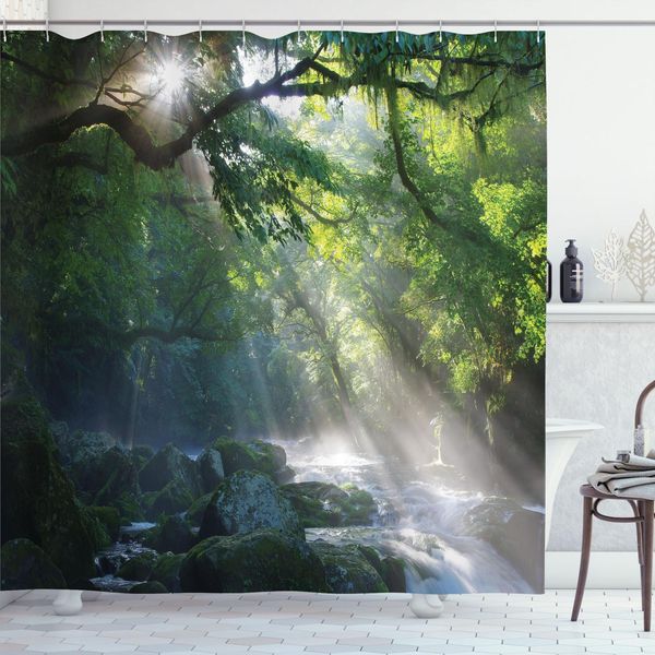 Abakuhaus Tenda Da Doccia Rainforest, Pietre Della Giungla Sotto Gli Alberi Ombrosi, Raggi Di Sole, Mattina, Natura, Motivo Fotografico, 175 X 220 Cm, Verde Bianco-image