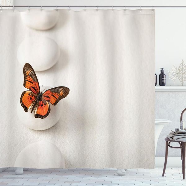 Tenda Da Doccia Abakuhaus Spa, Motivo Semplice Con Farfalla E Rocce Wellness Purity Healing Serenity Bohemian, 175 X 180 Cm, Arancione Bianco-image