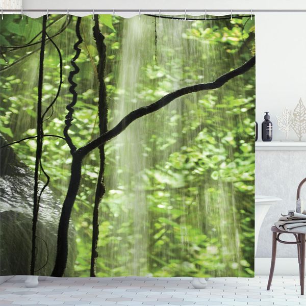 Abakuhaus Tenda Da Doccia Rainforest, Vista Giungla Cascata Rocce Alberi Bellezza Naturale Atmosfera Selvaggia, 175 X 240 Cm, Verde Marrone-image