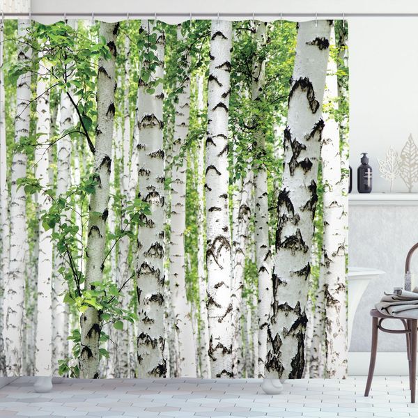 Abakuhaus Tenda Da Doccia Bosco, Betulle Nel Bosco Estate Natura Selvaggia All'aperto Sotto Il Motto Immagine, 175 X 220 Cm, Bianco Verde-image