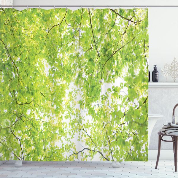 Abakuhaus Tenda Da Doccia Con Foglie, Foglie Ramificate Di Un Albero, Vista Epica Dell'immagine Botanica Della Crescita Di Base, 175 X 180 Cm, Verde-image