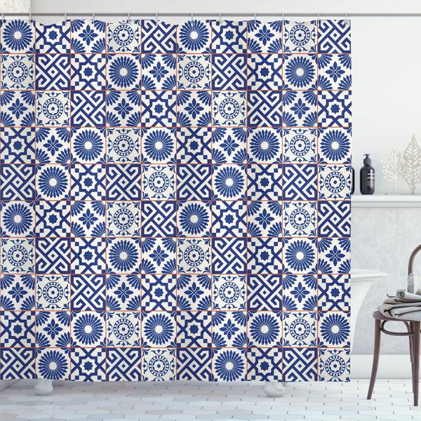 Abakuhaus Tenda Da Doccia Marocchina, Mix Ispirato Alle Piastrelle Marocchine In Una Moderna Stampa Grafica Colorata, 175 X 180 Cm, Grigio Blu-image