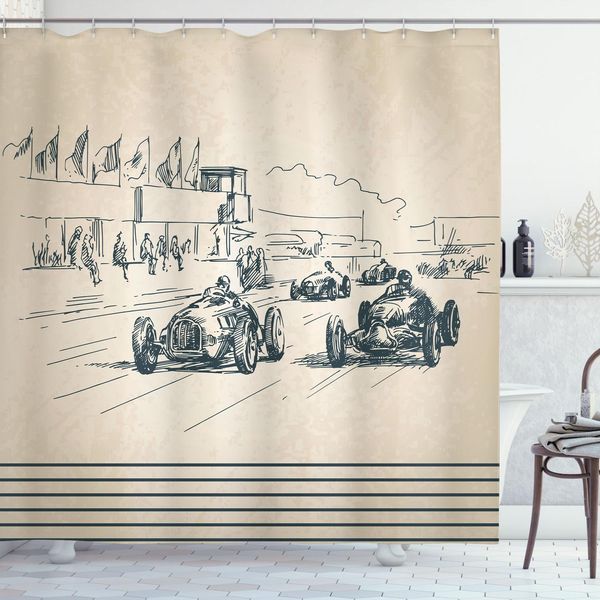 Abakuhaus Tenda Da Doccia Vintage, Auto D'epoca, Stampa Sportiva Nostalgica Con Scarabocchi Fugaci, 175 X 220 Cm, Beige Verde Bosco-image