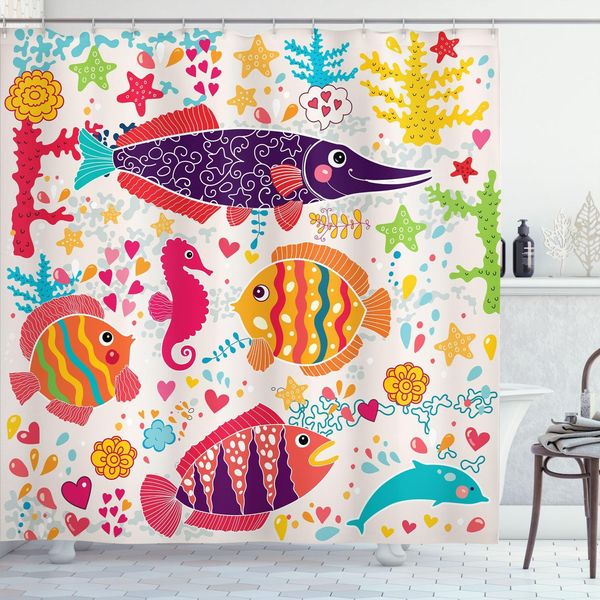 Abakuhaus Tenda Da Doccia Con Motivi Marini, Cartoni Animati Con Pesci, Cavallucci Marini, Stelle Marine, Delfini, Coralli E Vita Sottomarina Per Bambini, 175 X 240 Cm, Multicolore-image