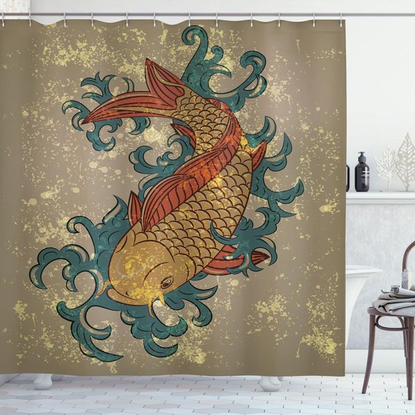 Abakuhaus Tenda Da Doccia Giapponese, Sporco Stile Asiatico Orientale Acqua Carpa Koi Pesce Acqua Motivo, 175 X 200 Cm, Multicolore-image