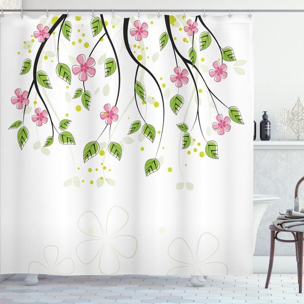 Abakuhaus Tenda Da Doccia Con Fiori, Ramo Con Fiori E Foglie, Illustrazione Cartoon, Infanzia Felice, Estate, Natura, Arte, 175 X 240 Cm, Verde Rosa-image