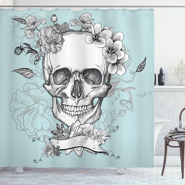 Abakuhaus Tenda Da Doccia Grunge, Teschi E Fiori Giorno Dei Morti, Festa Tradizionale Messicana, Arte Simbolica, 175 X 180 Cm, Turchese Bianco-image