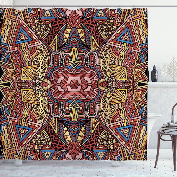 Abakuhaus Tenda Da Doccia Psichedelica, Effetto Doodle Retrò Old Fashion, Motivo Tribale, Immagine Hippie Funky, 175 X 180 Cm, Multicolore-image