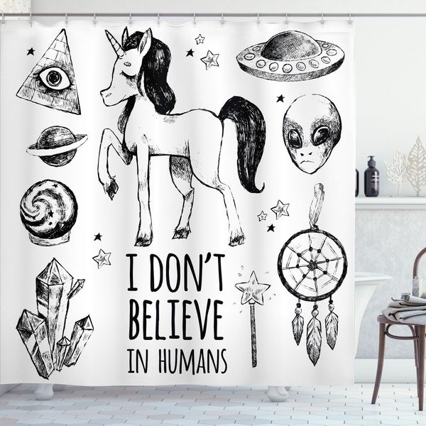 Abakuhaus Tenda Da Doccia Unicorno, Motivi Extraterrestri, Piramidi Mistiche, Pianeti, Motivi Abbozzati, 175 X 240 Cm, Nero-image