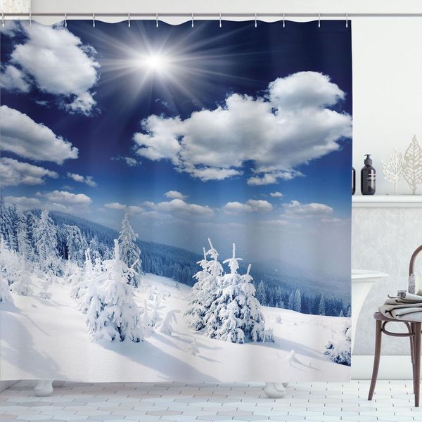 Abakuhaus Tenda Da Doccia Invernale, Paesaggio Invernale Su Colline Con Alberi Innevati E Nuvole Soffici - Immagine Idilliaca Della Stagione, 175 X 180 Cm, Blu E Bianco-image