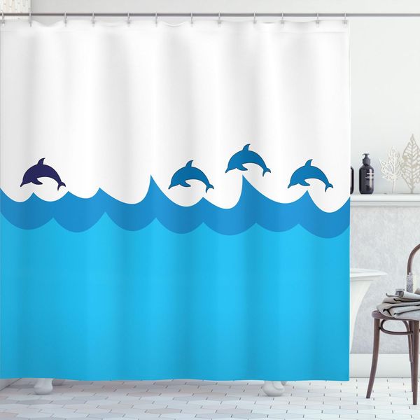 Abakuhaus Tenda Da Doccia Con Motivi Marini, Piombo E Tre Delfini Ombra Su Onde Oceanlife Maritime Theme Image, 175 X 240 Cm, Blu Turchese-image