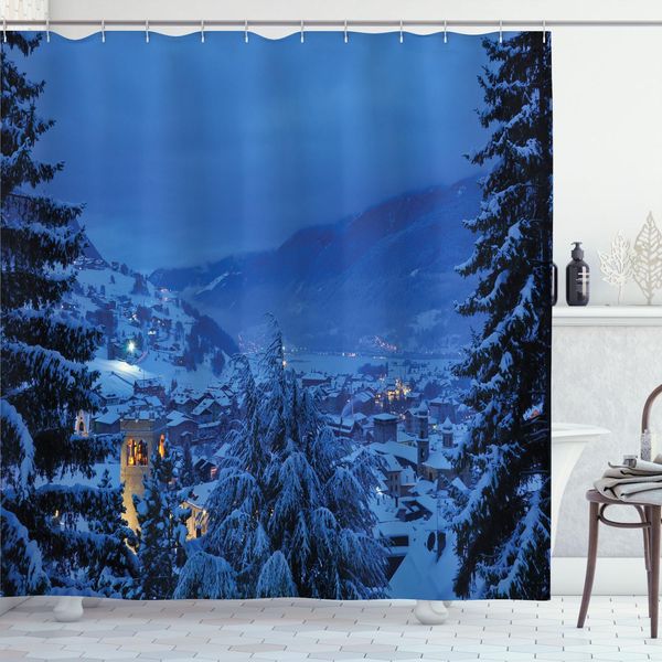 Abakuhaus Tenda Da Doccia Europea, Foto Di Una Pineta Invernale Nella Foresta Europea Con Stampa Naturale Di Montagna, 175 X 180 Cm, Blu-image