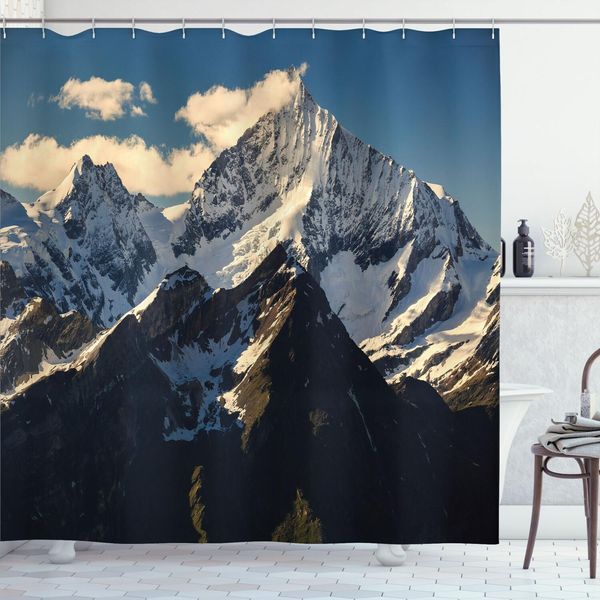 Abakuhaus Tenda Da Doccia Berg, Snowy Mountain Summit Nuvole Nel Cielo Tranquillità Nella Natura Selvaggia Tema, 175 X 220 Cm, Nero Bianco Blu-image