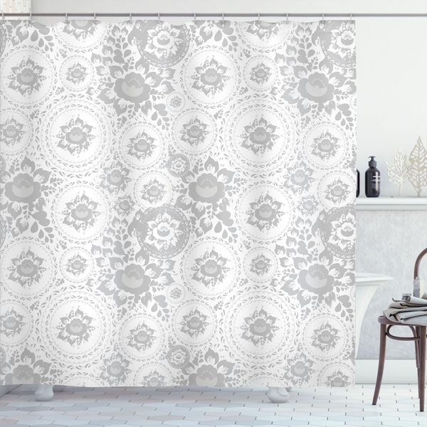 Abakuhaus Tenda Da Doccia Grigia, Motivi Astratti Vintage Con Petali Di Rosa In Tonalità Pastello Ripetute, 175 X 240 Cm, Bianco-image