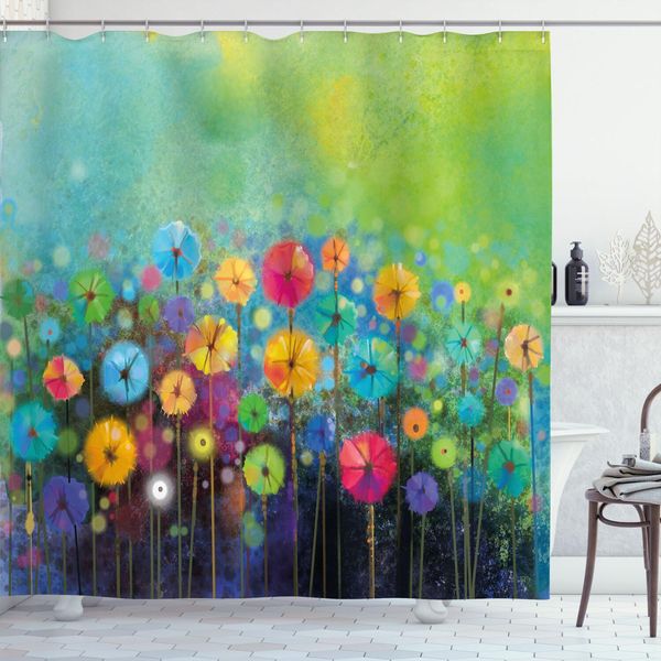Abakuhaus Tenda Da Doccia Con Motivi Floreali, Denti Di Leone In Giardino Con Pennellate Watercolored Abstract Landscape Art, 175 X 180 Cm, Multicolore-image