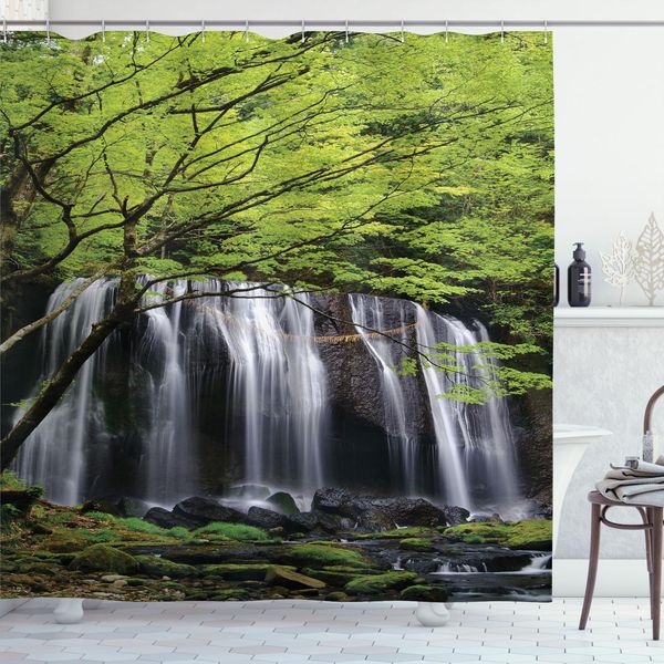 Tenda Da Doccia Abakuhaus Con Cascata, Idilliaca Foto Di Rocce Nere E Paesaggio Verde Con Acqua Sorgiva, 175 X 240 Cm, Bianco, Nero E Verde-image