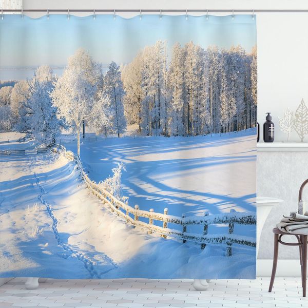 Abakuhaus Tenda Da Doccia Ackerland, Neve Invernale Con Bordi Di Quercia Pini Pastorale Ghiacciata Terre Fredde Arte, 175 X 180 Cm, Bianco Blu-image