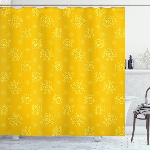 Abakuhaus Tenda Da Doccia Gialla, Motivo Solare Disegnato A Mano Con Piccoli Pois A Spirale Ispirati Alle Calde Giornate Estive, 175 X 200 Cm, Giallo-image