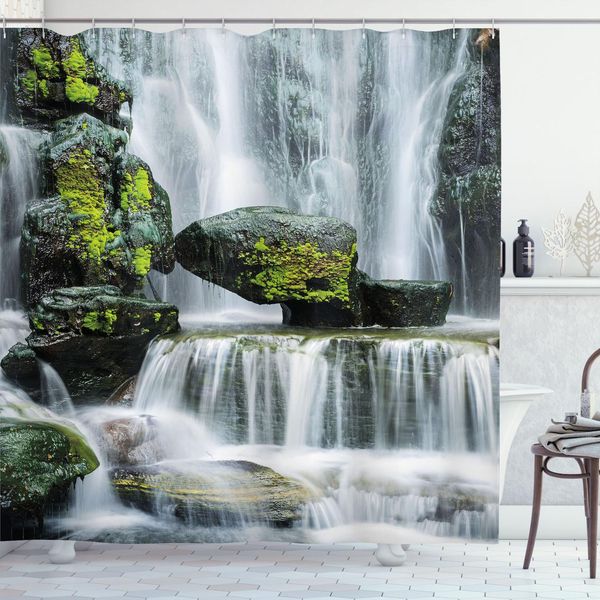 Abakuhaus Tenda Da Doccia Con Cascata, Maestosa Cascata Bloccata Da Enormi Rocce Ricoperte Di Muschio Foto, 175 X 220 Cm, Verde Bianco E Nero-image