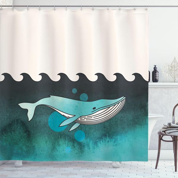Abakuhaus Tenda Da Doccia Con Balena, Enorme Balena Che Nuota Sotto L'oceano Vicino A Un'isola Con Palme E Teschi Di Legno, 175 X 240 Cm, Verde E Blu-image