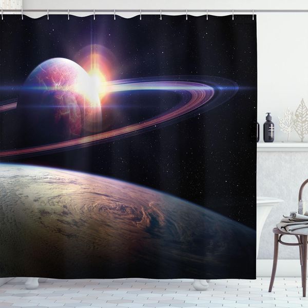 Abakuhaus Tenda Da Doccia Galaxis, Tramonto Spazio Universo Saturno Cometa Stelle Pianeti Astronomia Motivo, 175 X 180 Cm, Nero Blu-image