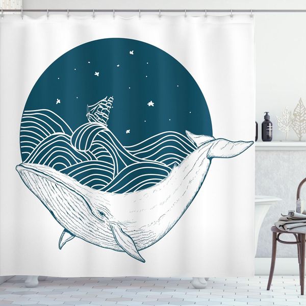 Abakuhaus Tenda Da Doccia Con Balena, Grande Balena Che Nuota In Un Oceano Ondulato Con Stelle E Stampa Grafica Di Antiche Navi, 175 X 240 Cm, Bianco Verde Acqua-image