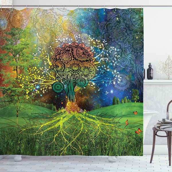 Abakuhaus Tenda Da Doccia Etnica, Albero Nella Valle Con Balenz Madre Terra Zentangle Albero Illustrazione Psichedelica, 175 X 240 Cm, Verde Blu-image