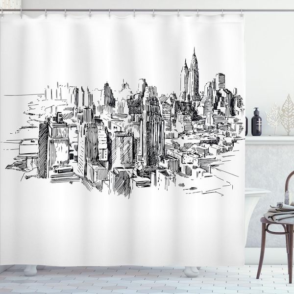 Abakuhaus Tenda Da Doccia New York, Disegno Dello Skyline Di Manhattan Con Grattacieli, 175 X 240 Cm, Grigio Bianco-image