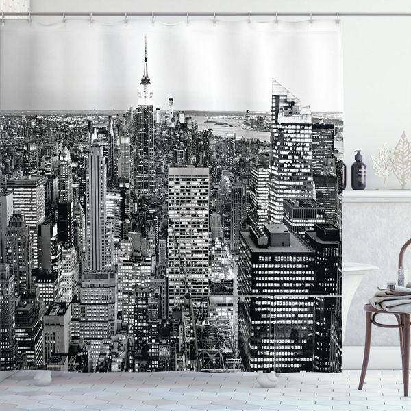 Abakuhaus New York Tenda Da Doccia, Panorama Edifici Manhattan Città Usa Metropoli Monocromatico Cielo Foto Motivo, 175 X 180 Cm, Grigio-image