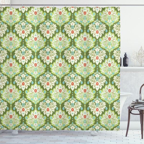 Abakuhaus Tenda Da Doccia Shabby Flora, Splendido Motivo Floreale BohéMien Illustrazione Colorata Dell'epoca Artistica, 175 X 180 Cm, Verde-image
